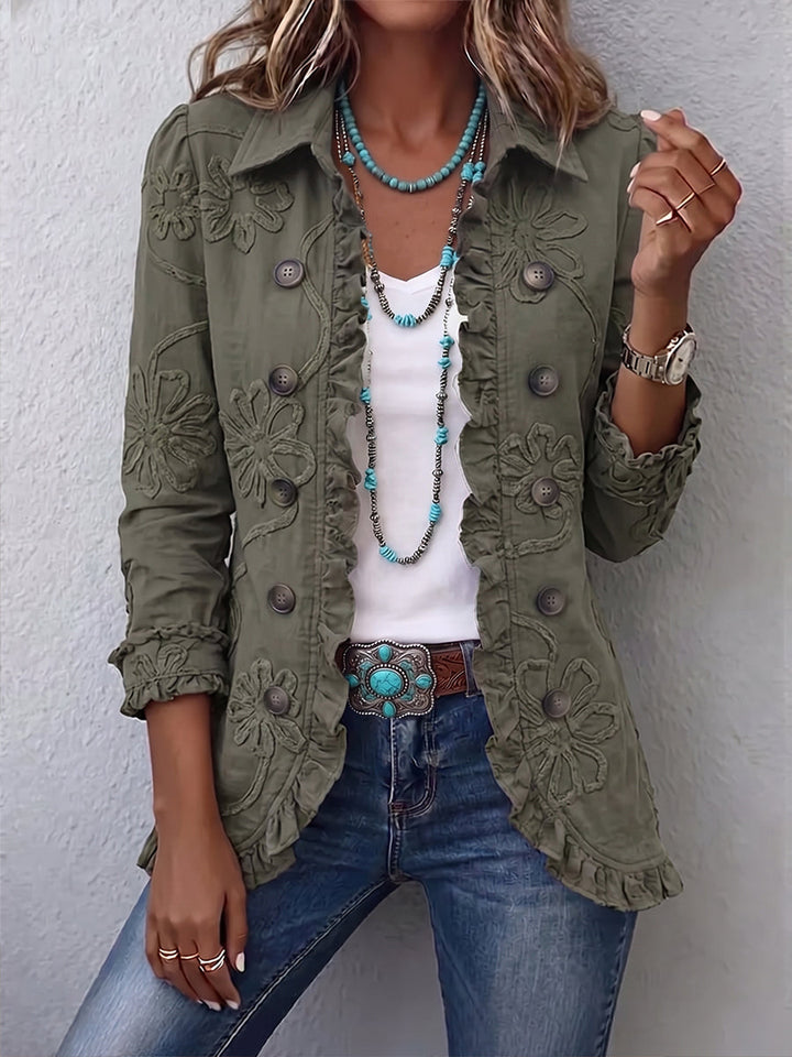 Lettie | Olive Floral Embroidered Ruffle-Edge Jacket