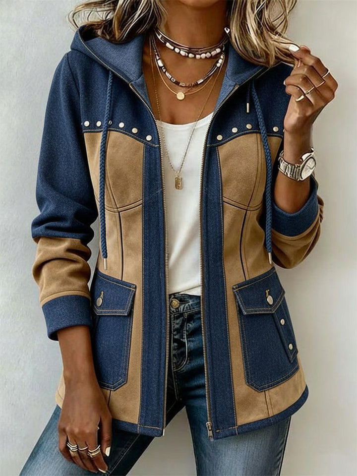 Quinn | Navy & Camel Colour-Block Hooded Jacket