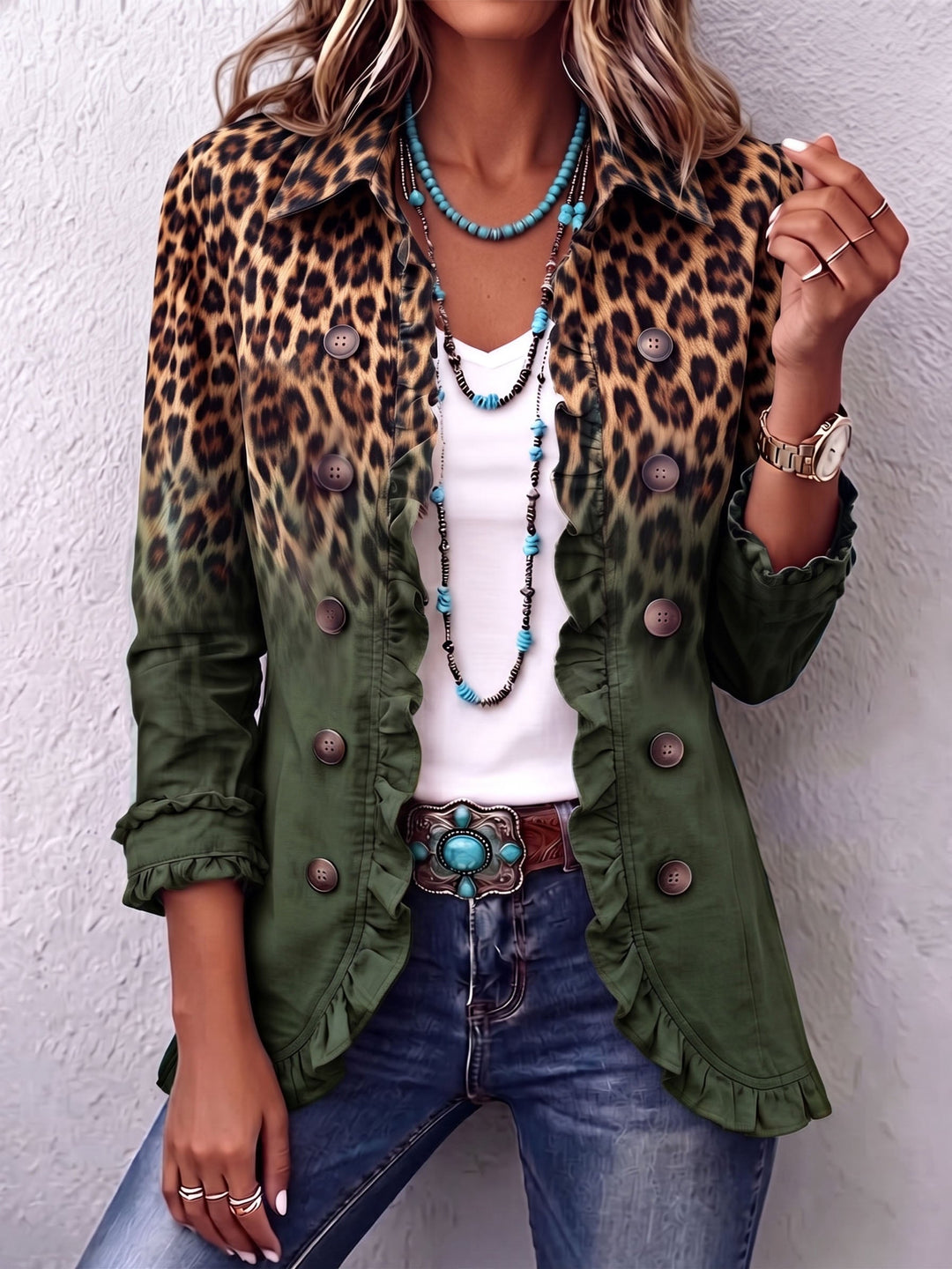 Anouk – Olive Leopard Ombré Button Blazer